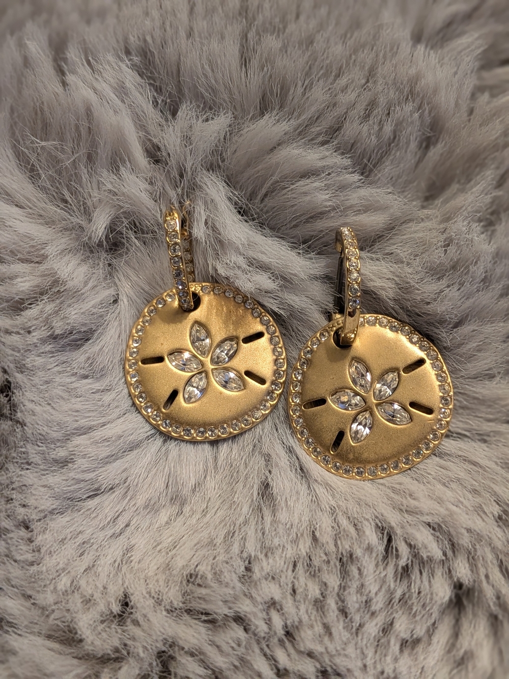 Swarovski Gold Sand Dollar Drop Earrings With Mini Hoops EUC